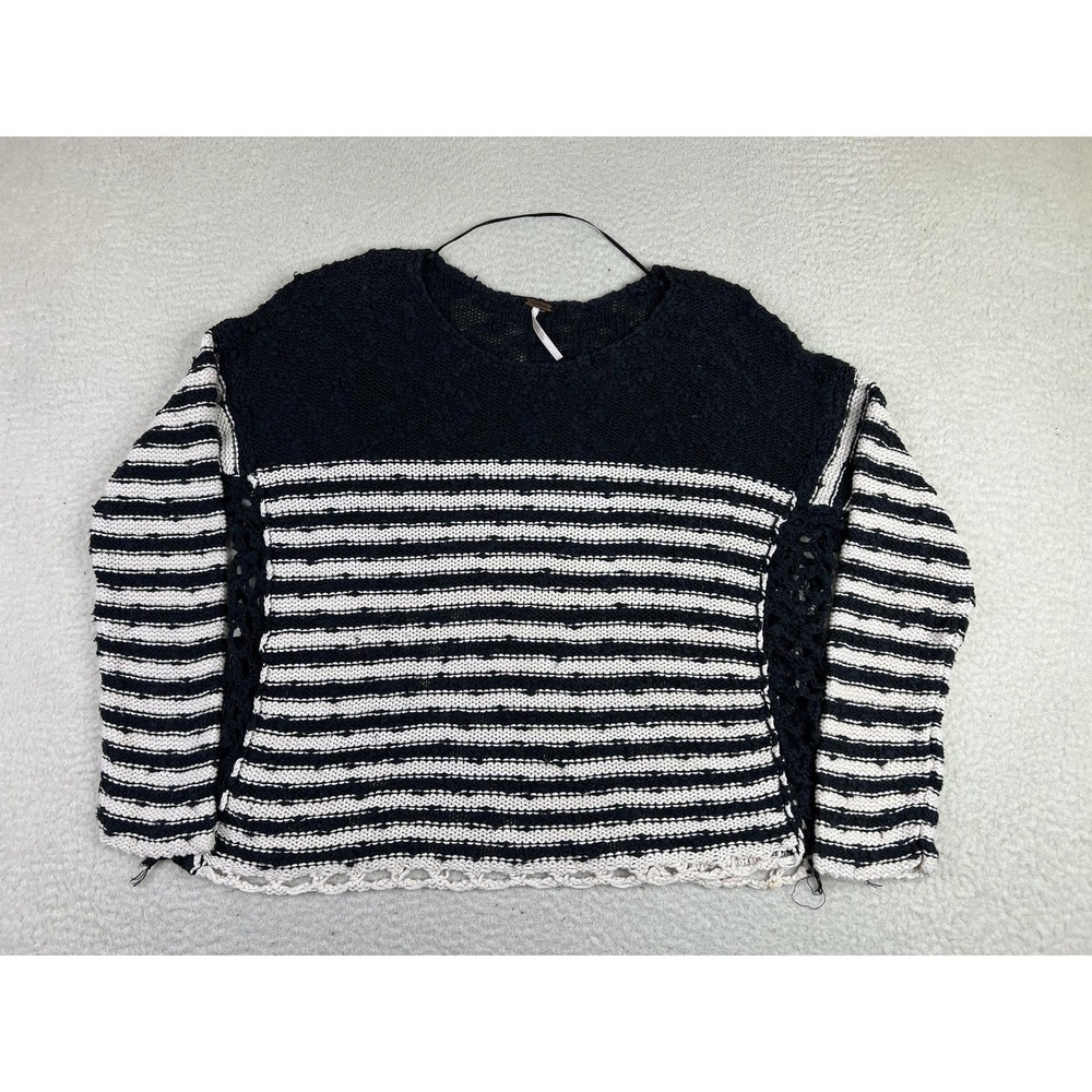 Free People Womens XS‎ Black Striped Open Knit Short Sleeve Cotton Sweater